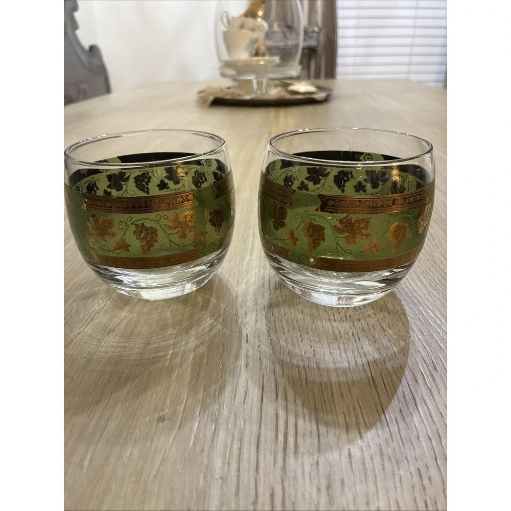 4pc VTG 60s MCM Roly Poly Cera Glass 22K Golden Grapes Green Highball Tumbler